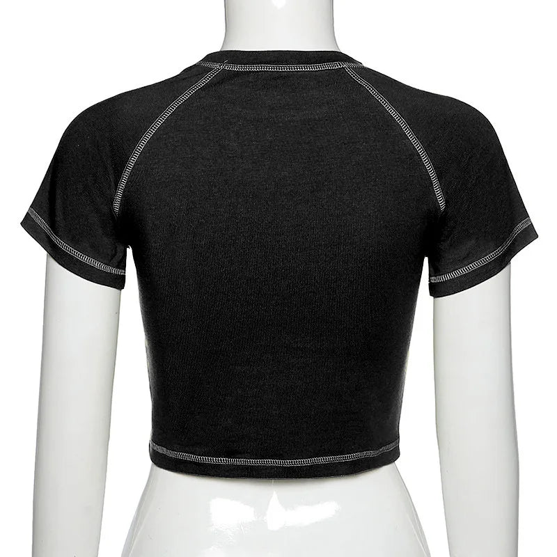 Women's T-shirt Harajuku Crop Top Retro Korean Black Demon Punk Gothic Anime Print Clothes Slim