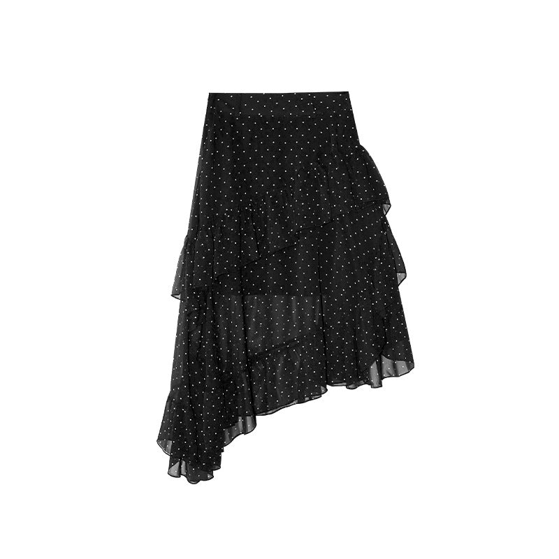 Fashion asymmetric lotus leaf stitching thin polka dot skirt