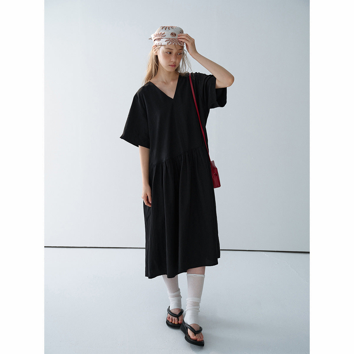 Summer new casual V-neck bamboo Tencel loose split long dress