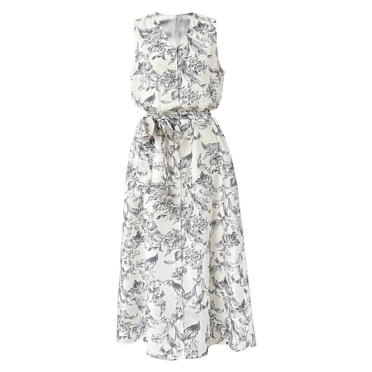 Retro V-neck sleeveless lace-up dress women's spring new loose-print casual vest skirt