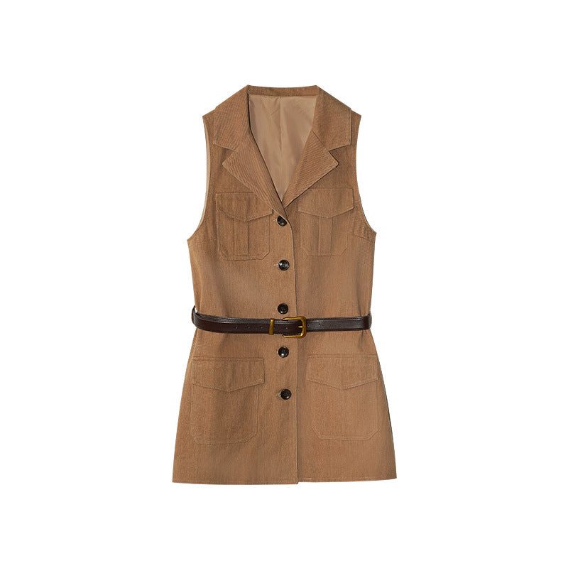 Temperament waist belt lapel long vest