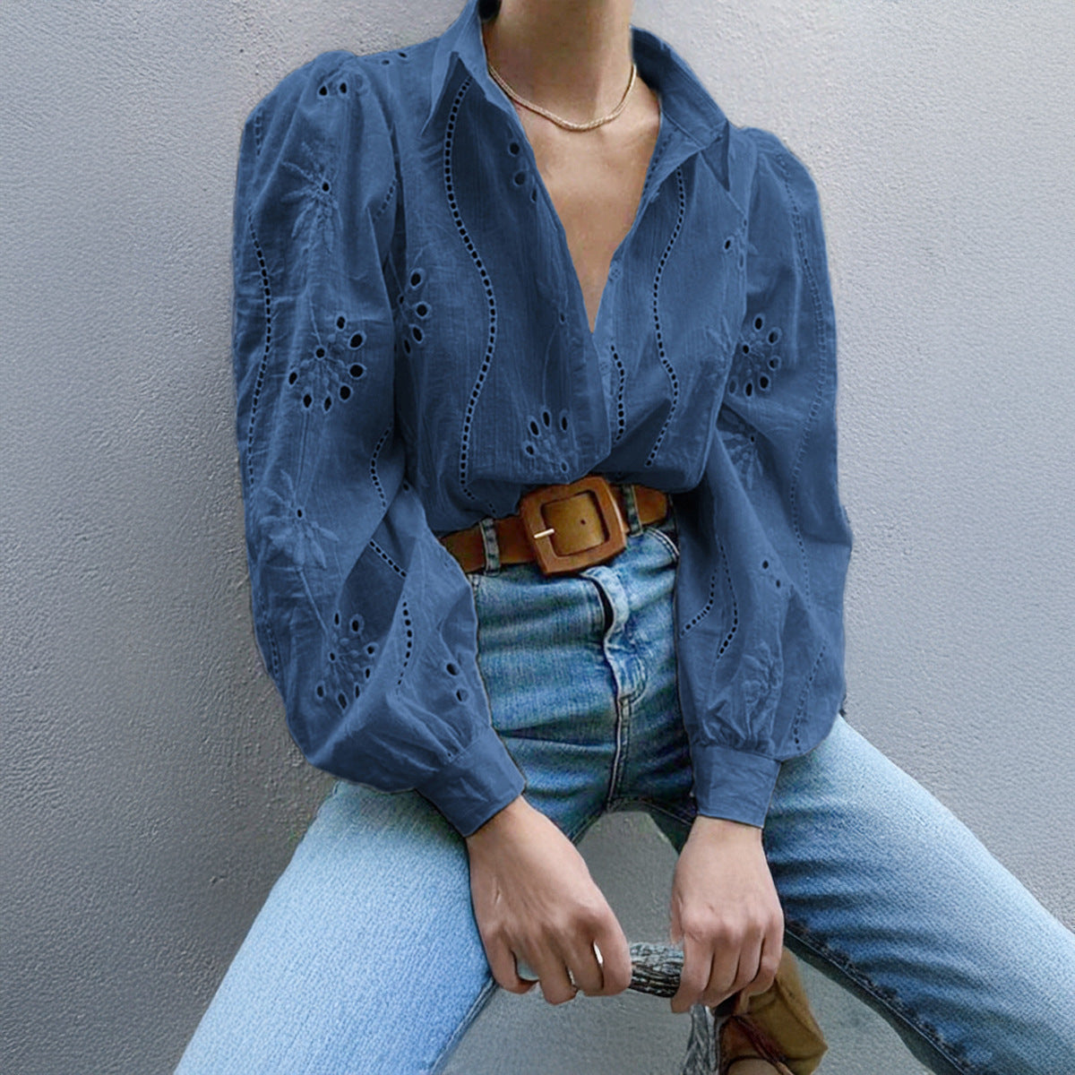 Lapel Long Sleeve Cardigan Women Regular Fit Puff Sleeve Hollow Blouse