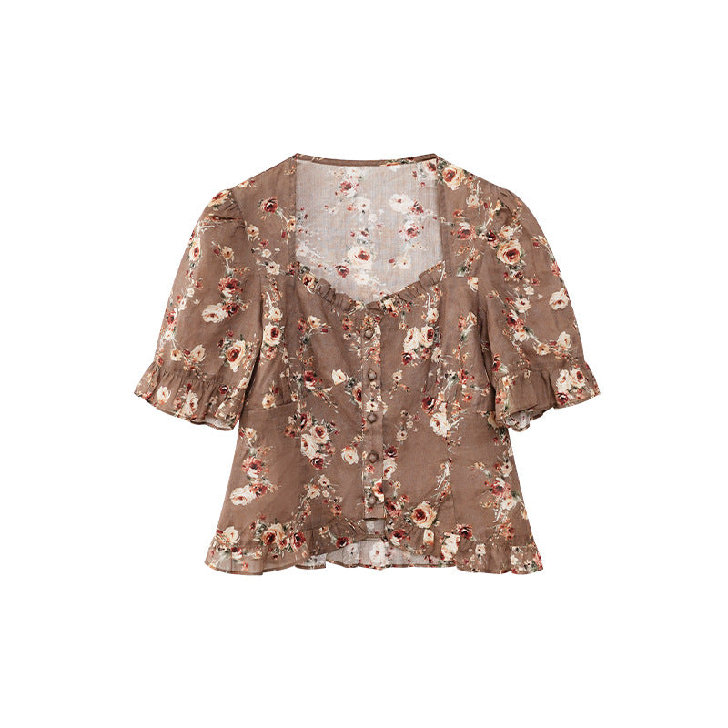 Floral shirt retro cotton and linen slim-fitting short-sleeved square neck top