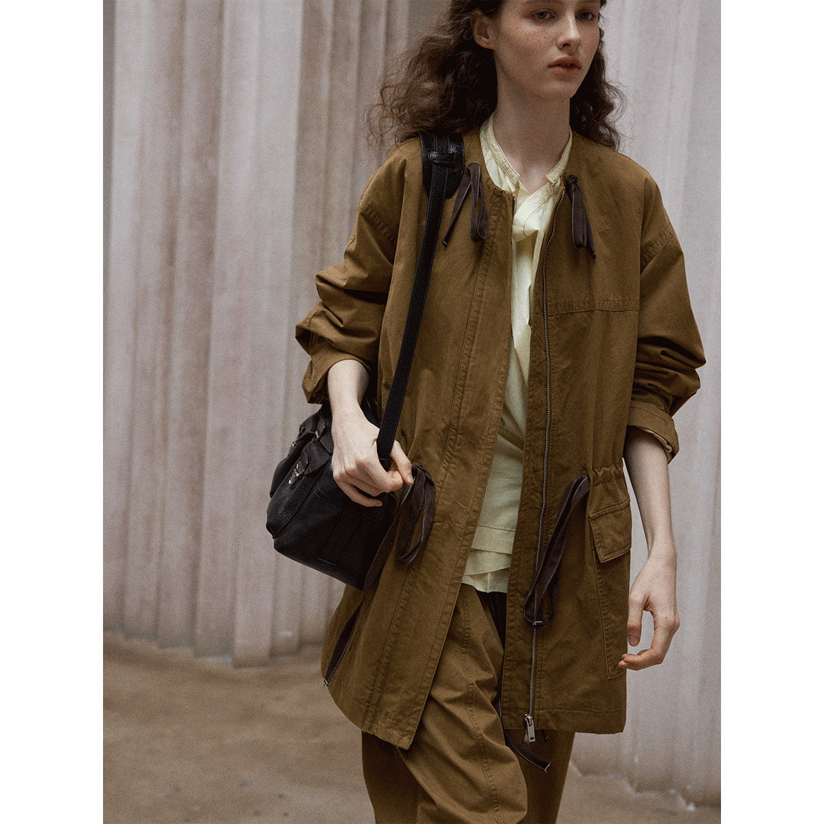 Washed cotton contrasting color drawstring loose round neck autumn new retro commuter jacket
