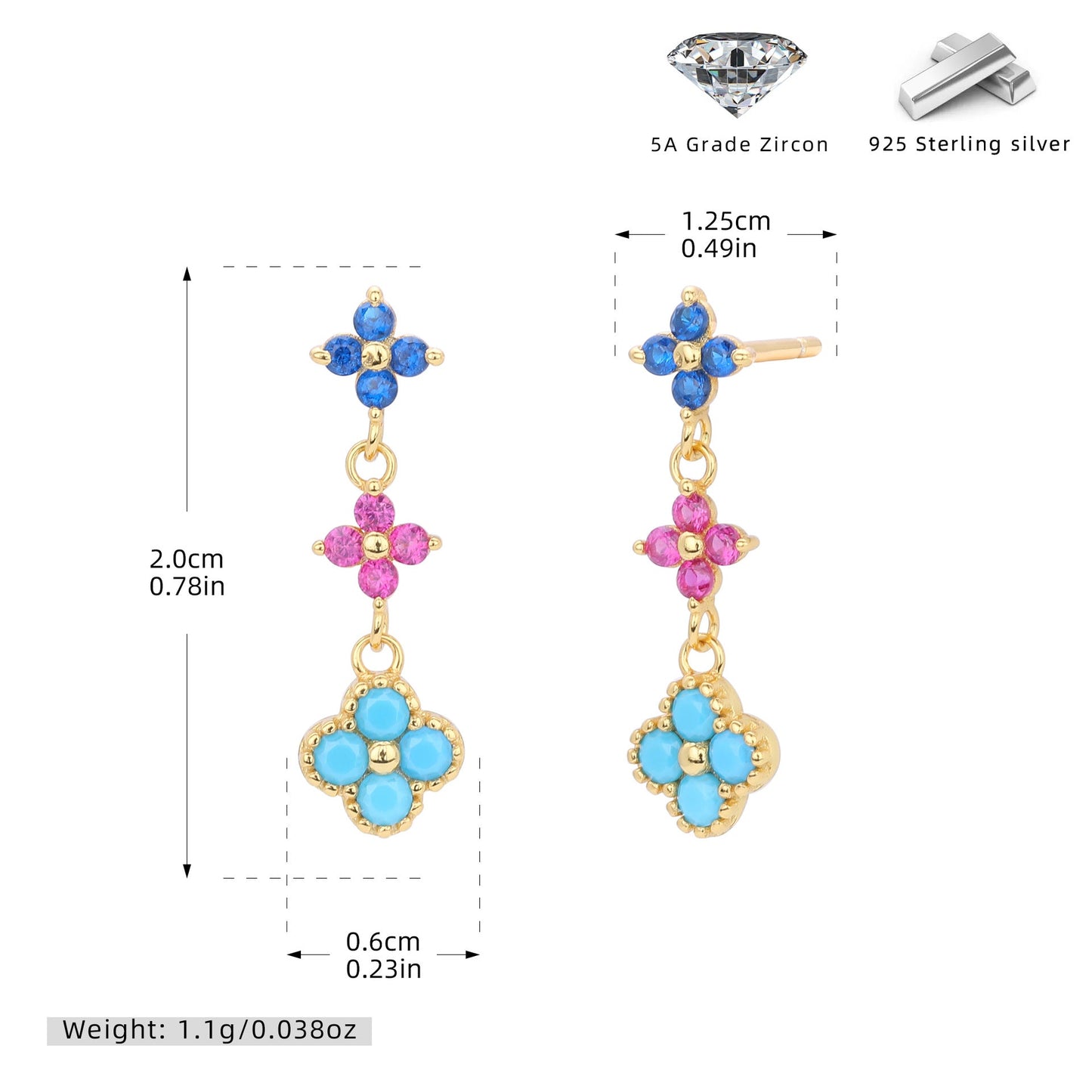 925 Sterling Silver Stud Earrings Color Zirconium Flower Earrings