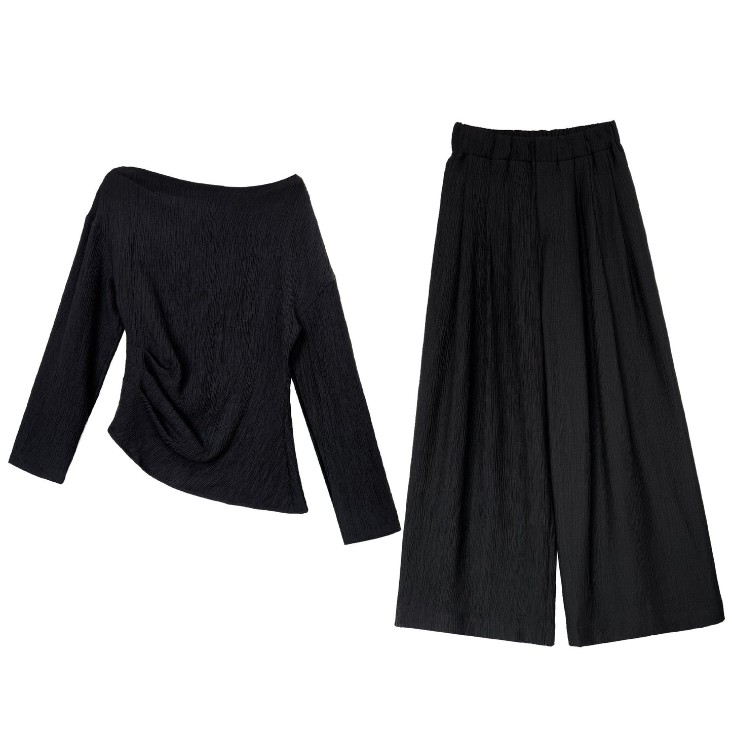 Lazy design asymmetrical one-shoulder waist pleated tops + loose pants women's spring two-piece set