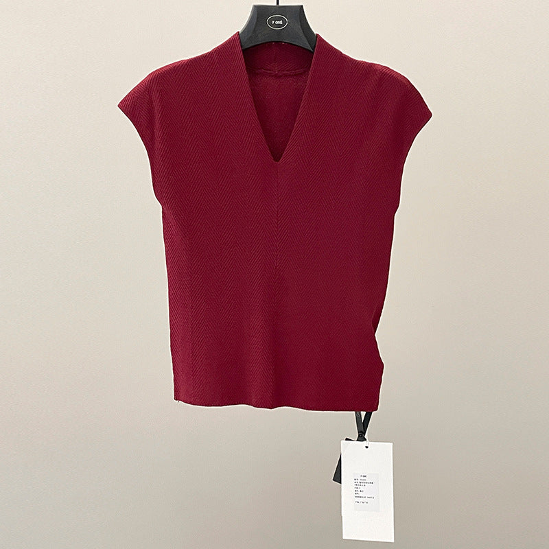 Spring and summer minimalist and versatile muscle-building V-neck slim-fitting and thin small flying-sleeved knitted sweater