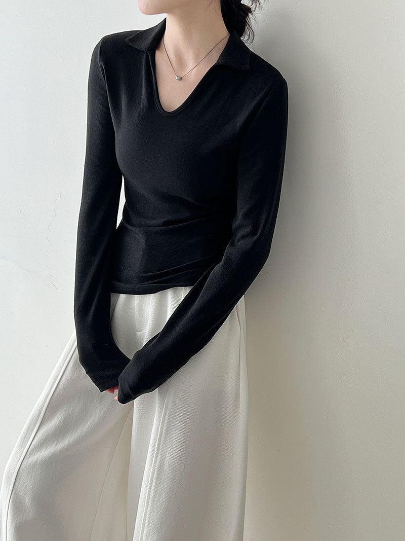 Simple design slim-fitting v-neck high-end sense thin bottoming shirt women's autumn new small lapel top