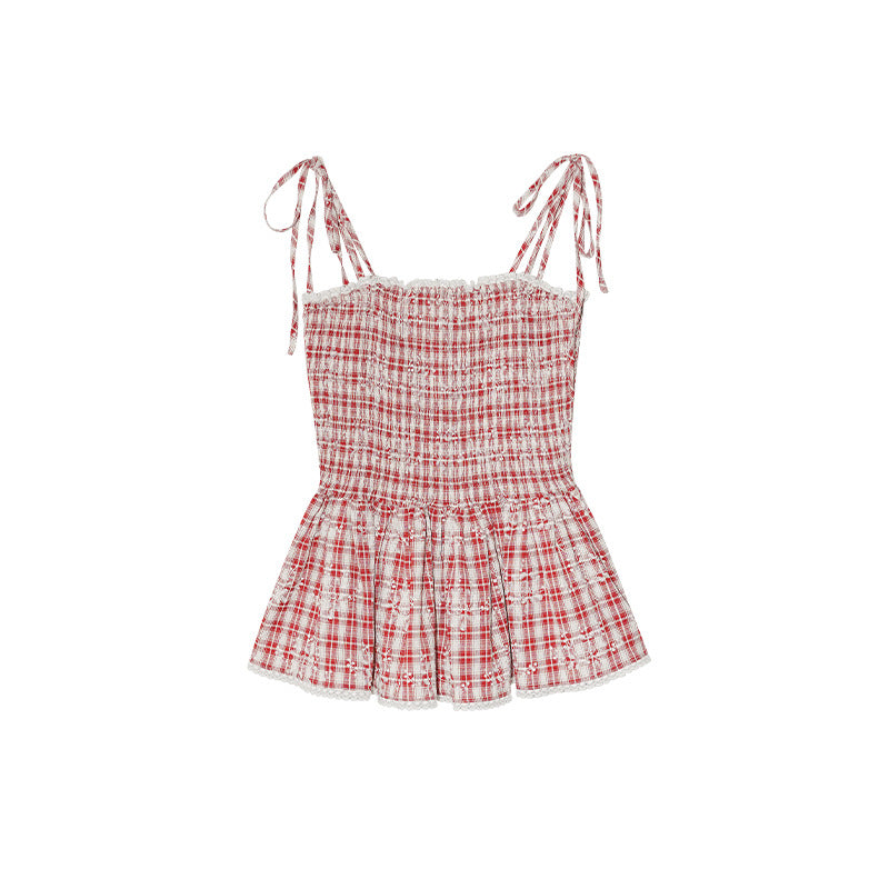 French sweet age-reducing plaid suspender tube top