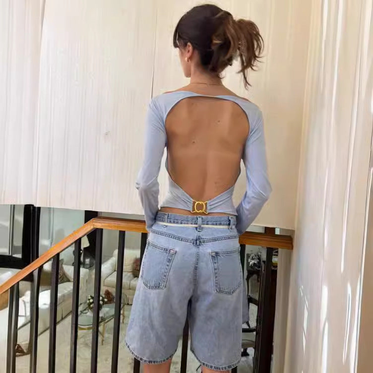 backless pullover long-sleeved T-shirt one-word collar slim-fit top women's thin fashion versatile short sleeves