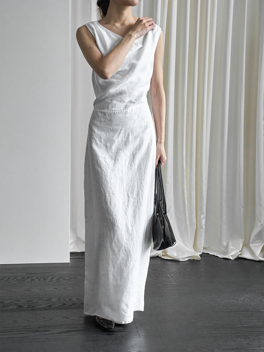 100% linen one-word shoulder dress elegant and thin summer dress