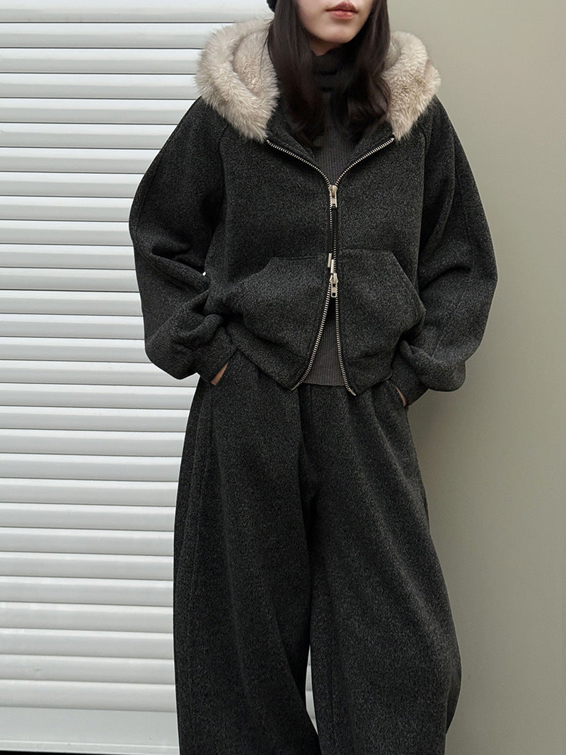 Slack, lazy, fur-collared sweatshirt, jacket, scimitar, wide-leg pants, women's winter wool fleece casual suit 2153