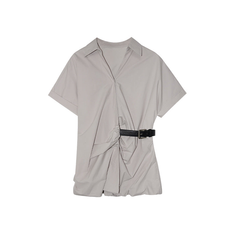 French temperament versatile pure cotton thin waist buckle short-sleeved shirt