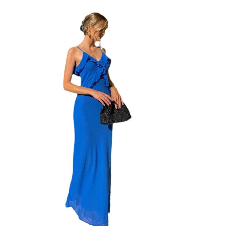 Summer new sexy dress lotus leaf splicing sleeveless backless suspender skirt women