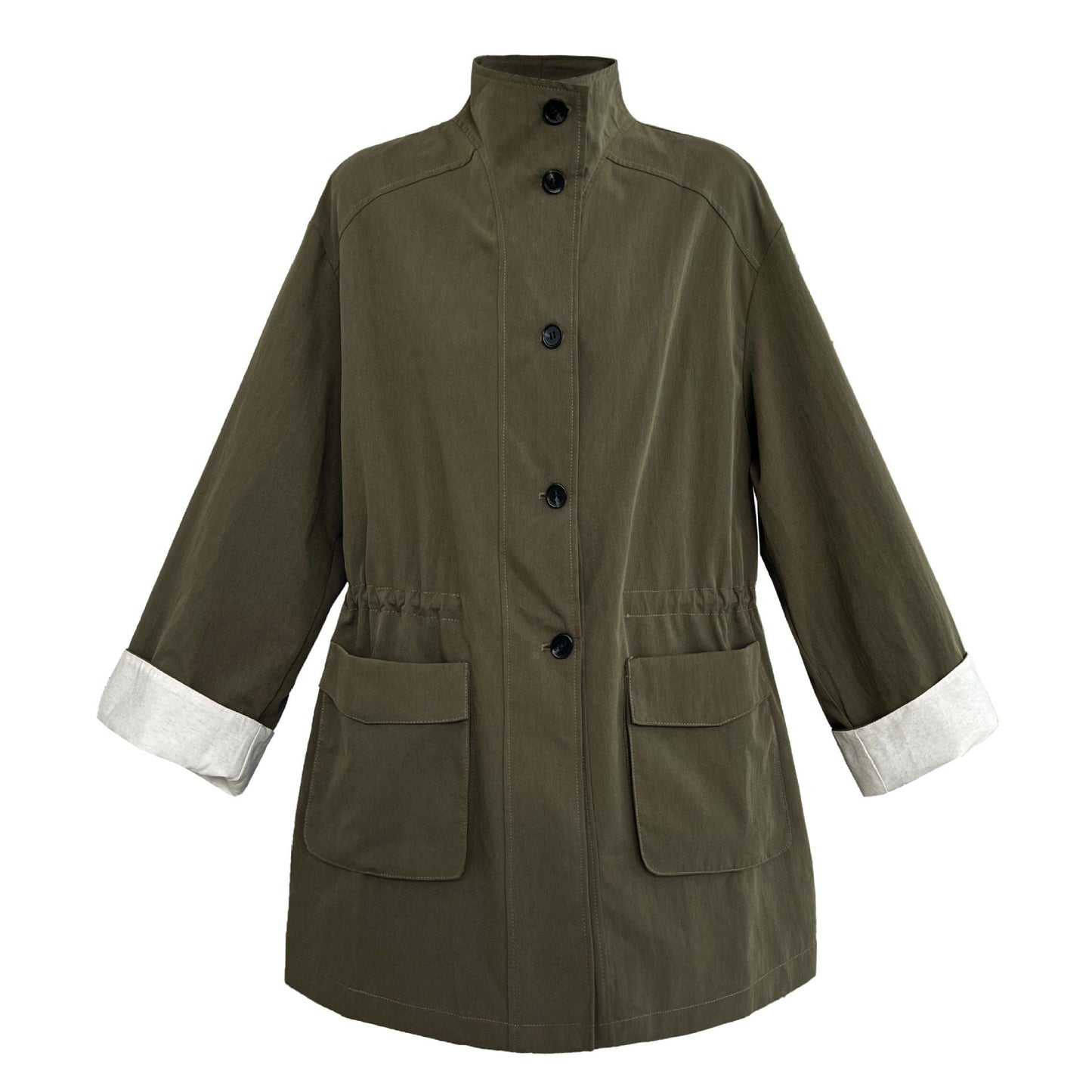 Korean medium and long stand-up collar loose drawstring trench coat women's autumn new big pocket design coat