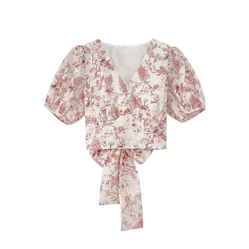 French sweet v-neck lace-up waist floral shirt