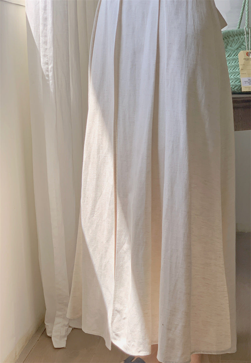 U-Neck Cotton Linen Dress Women Puff Sleeve Mid-Waist Long Skirt