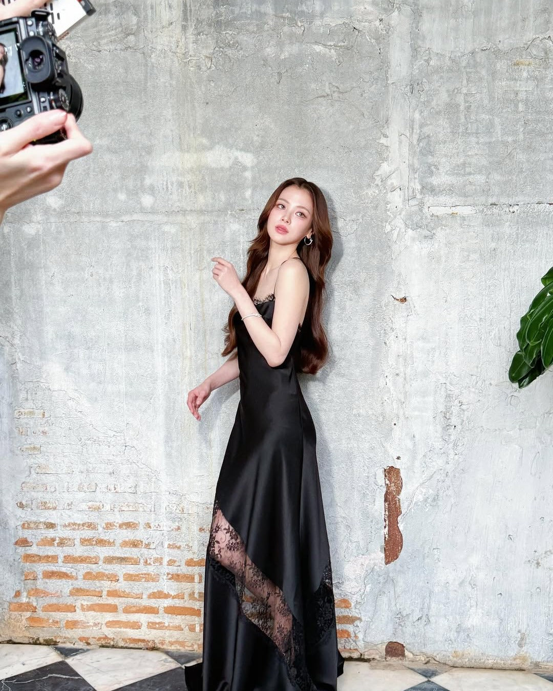 Satin lace suspender long dress dress
