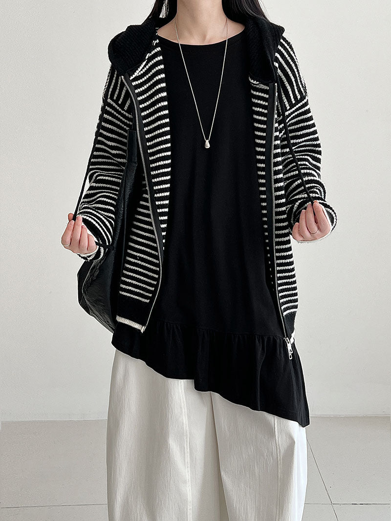 Korean splicing pendant splicing ruffle edge T-shirt women's early spring new design long-sleeved top