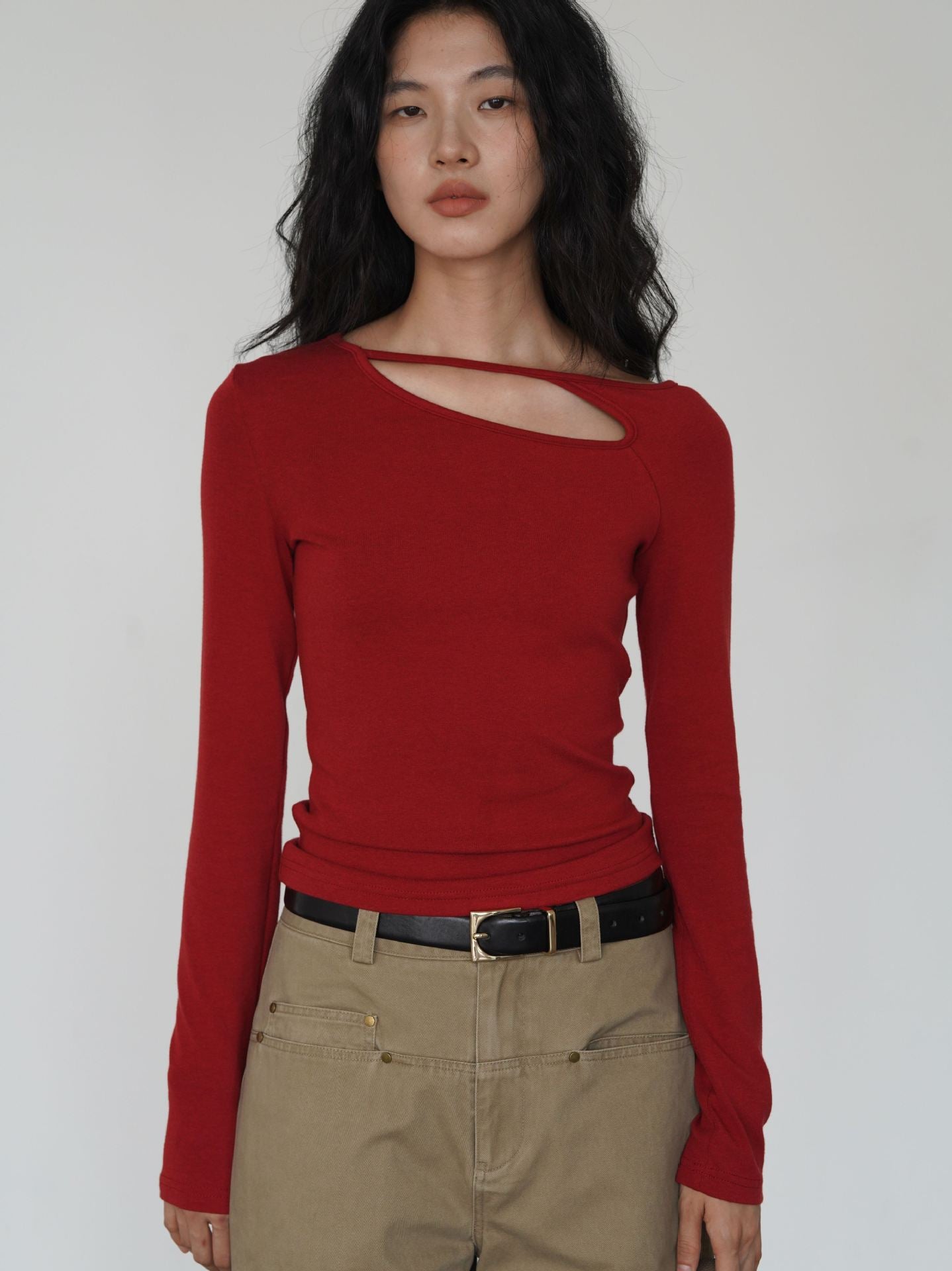 Red Asymmetric Cutout Long Sleeve Top | Slim Fit Spring Base Layer