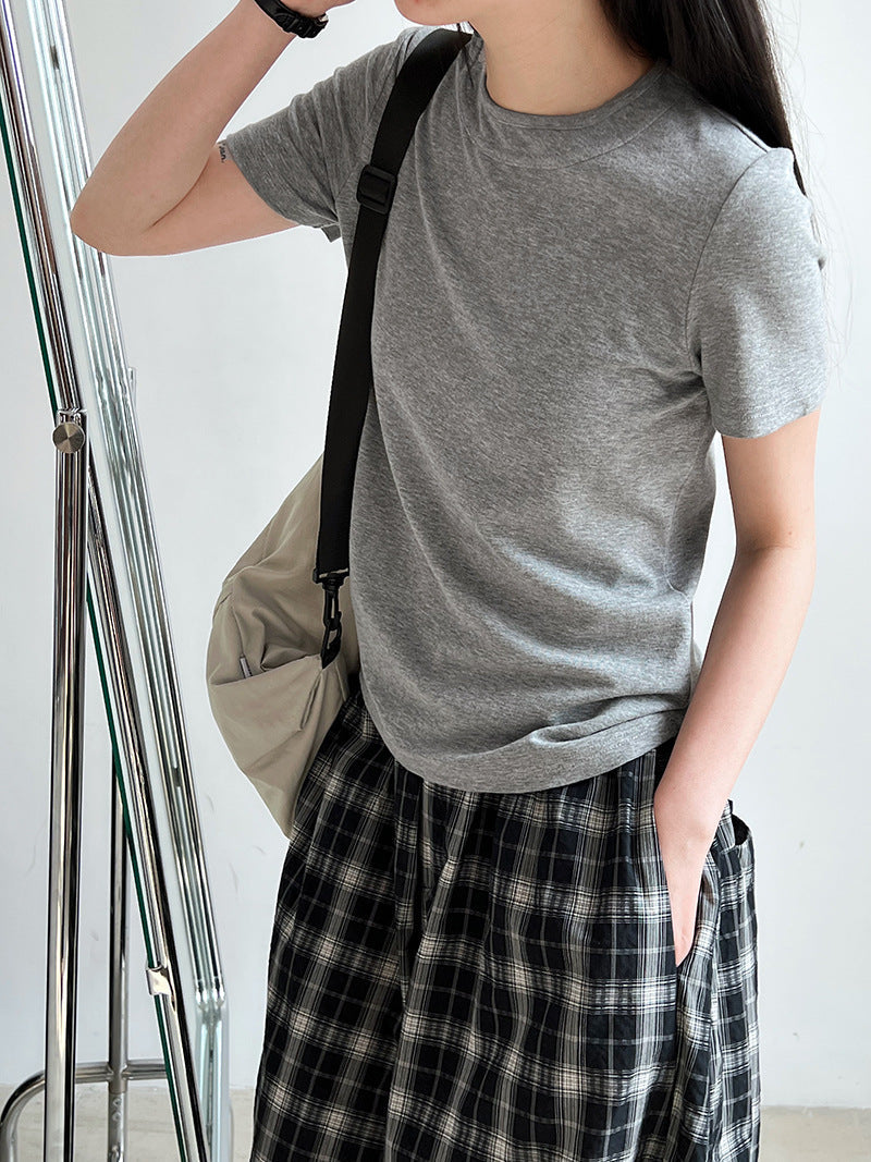 Simple solid color shoulder short-sleeved T-shirt