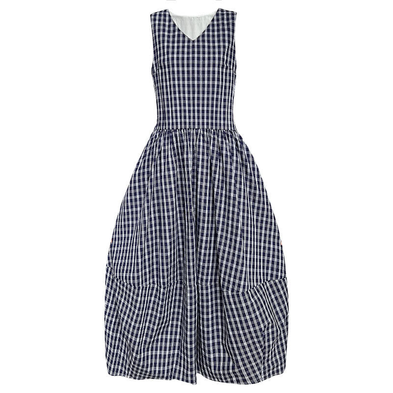 Blue plaid French dress women's spring and summer new V-neck bud vest skirt big swing dress