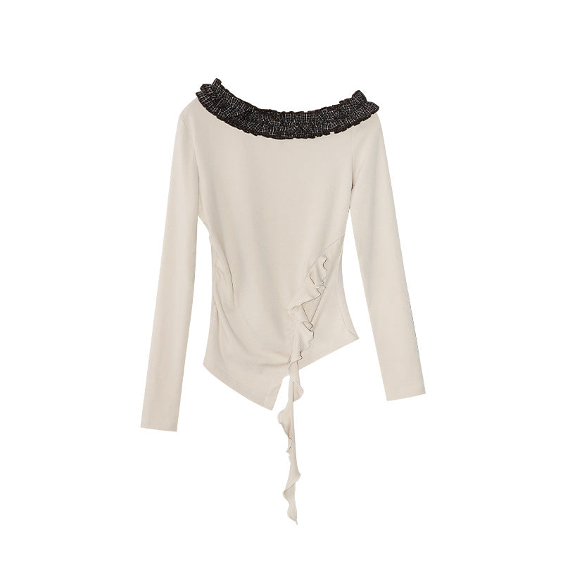 Women's Slash Shoulder Fungus Edge Long Sleeve Cotton Shirt