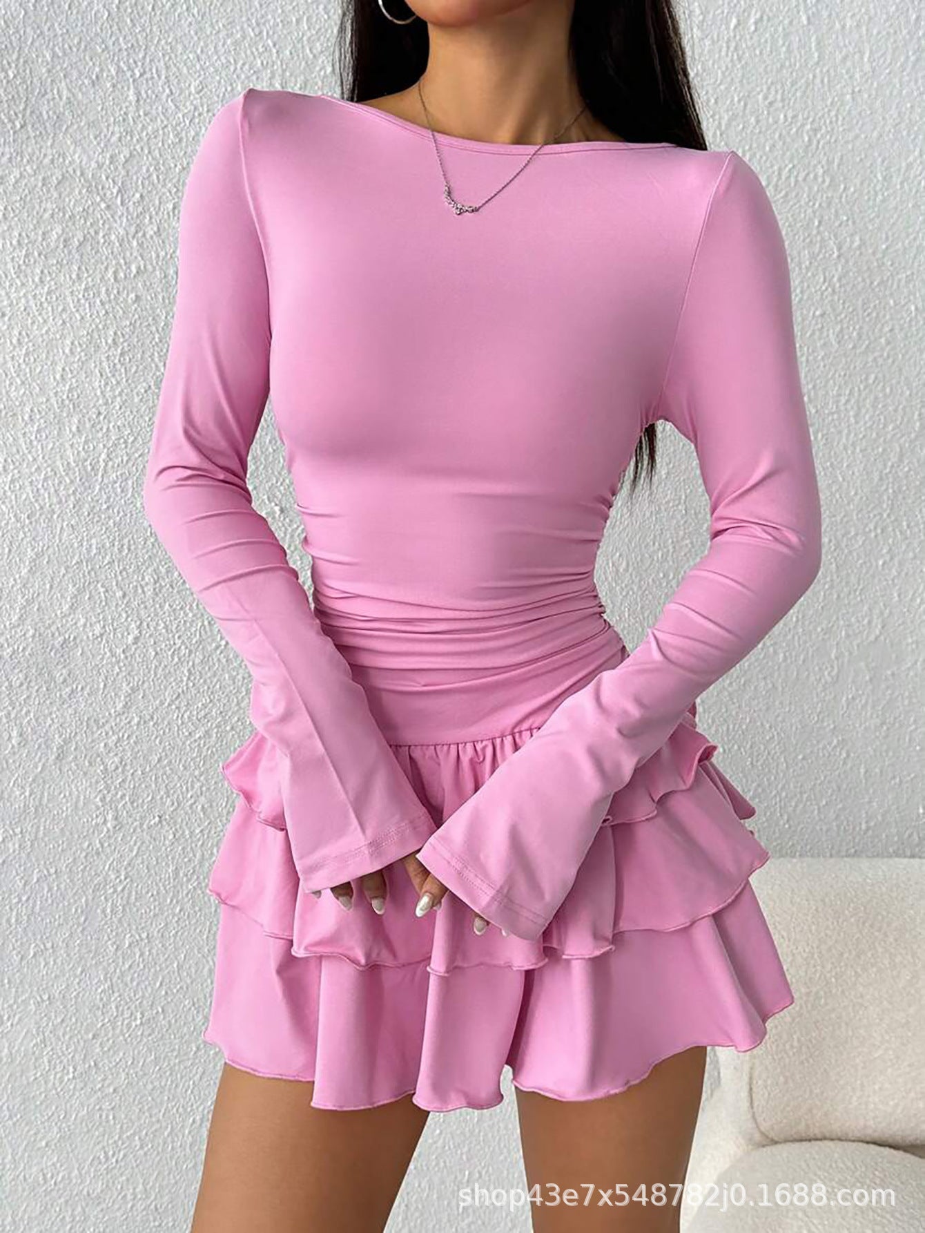 Slim Fit Midi Dress Women One-Shoulder Three-Quarter Sleeve Splicing