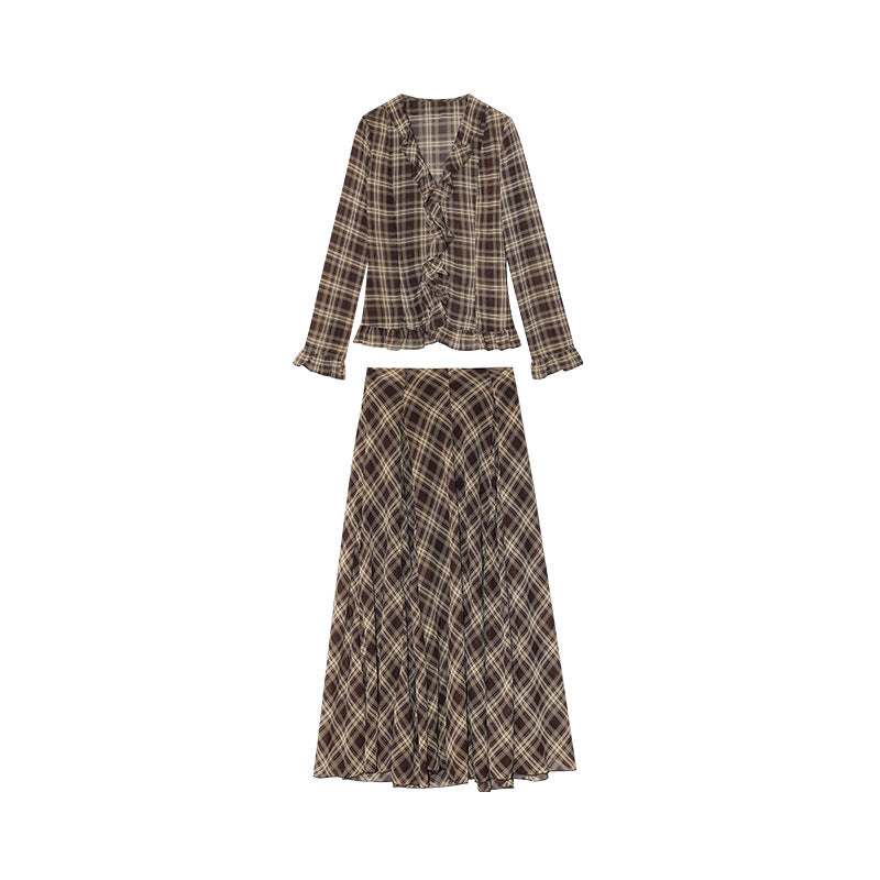 Two-piece skirt shirt plaid age-reducing temperament suit