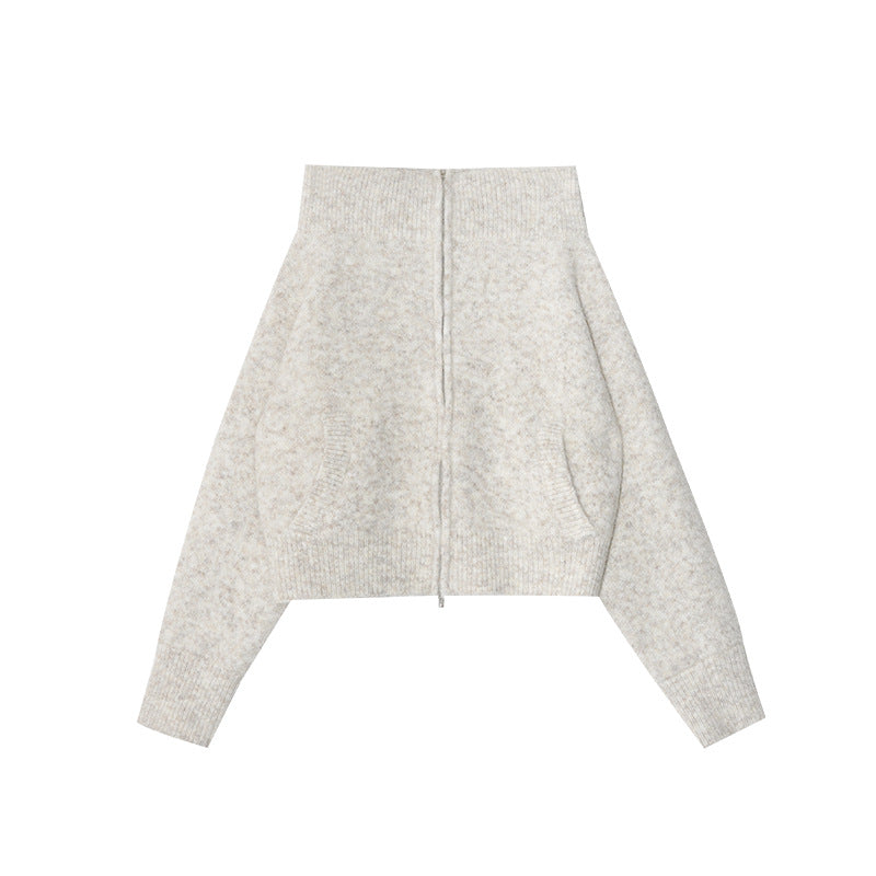 Zipper knitted cardigan one-word shoulder sweater