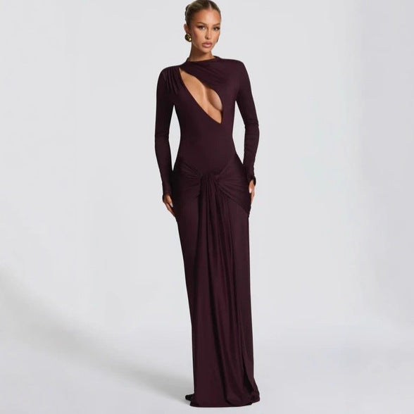 Sexy Spice Girl Hollow Long Sleeve Hip Wrap Dress Ribbon Autumn and Winter Dress