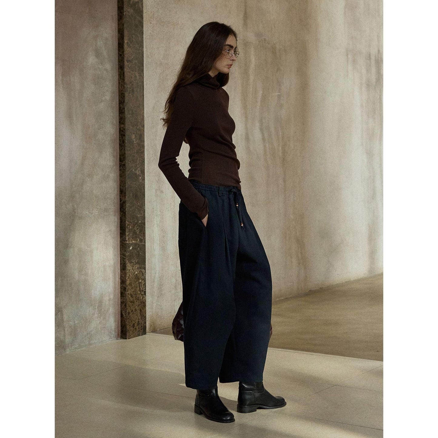 Early spring commuting design sense Tencel hemp fleece bottom beaded drawstring casual pants
