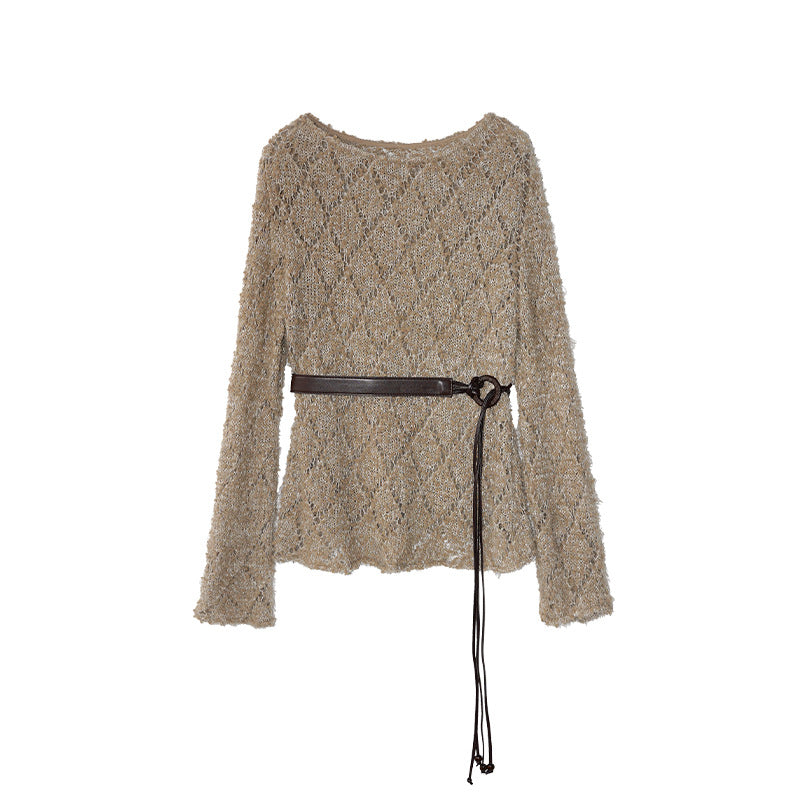 Lazy loose long-sleeved hollow crochet knitted sweater blouse