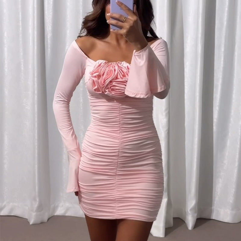 Fashion French Flared Sleeve Tub Top Short Skirt Flower Pleated Tub Top Dress