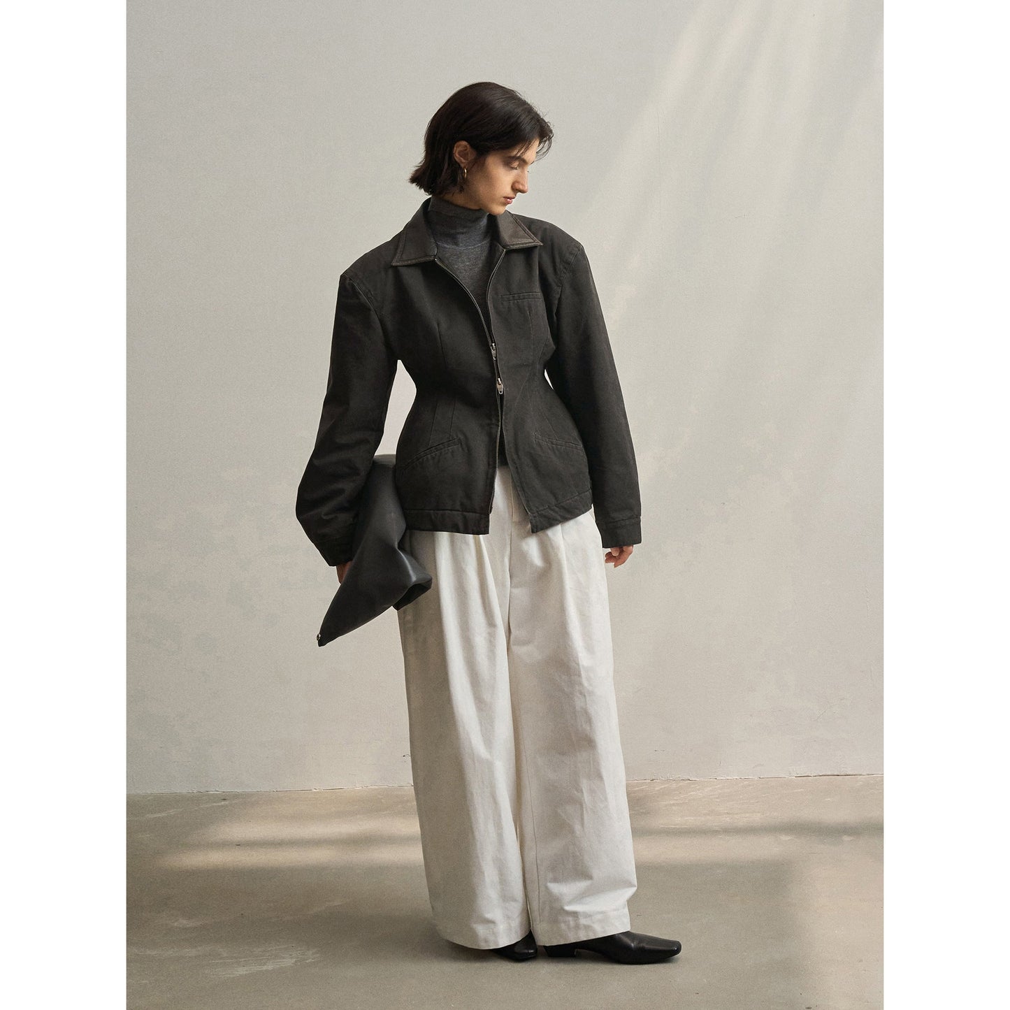 New washed water old leather collar retro charm bee waist jacket