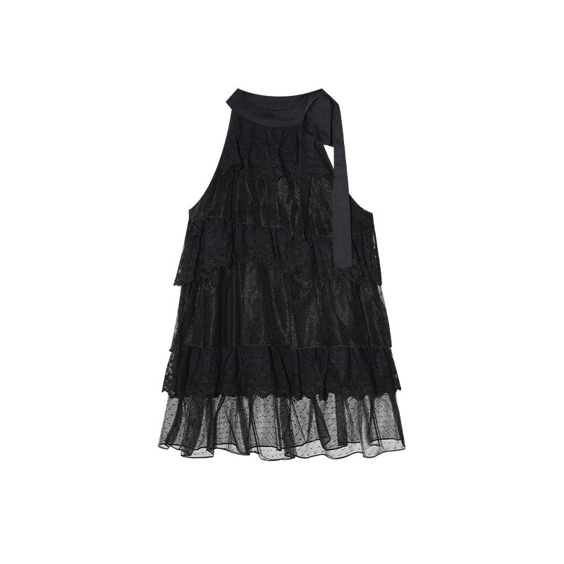 Ribbon bow multi-layer spliced sleeveless lace top