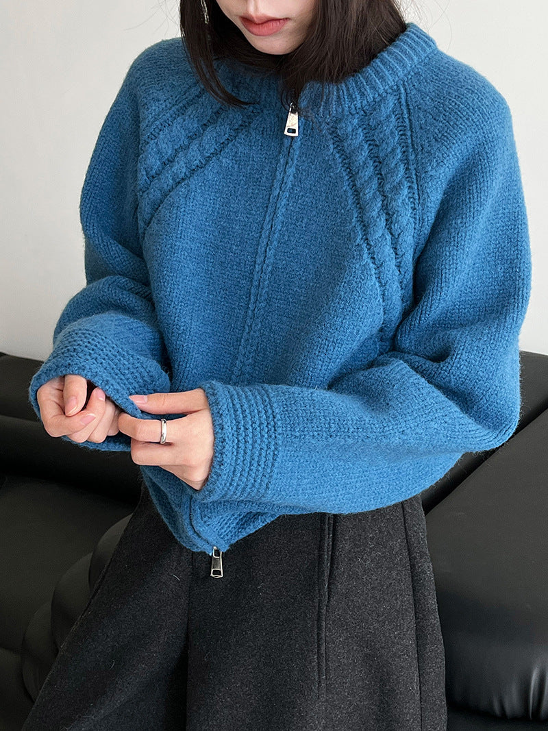 Korean double-ended zipper crew neck knitted jacket women's autumn and winter twisted flower high-end thick sweater cardigan