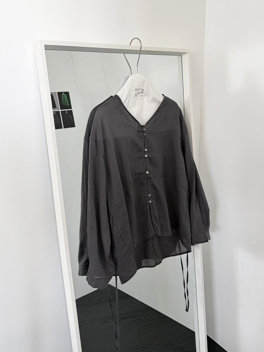 Tencel ramie light V-neck sunscreen shirt