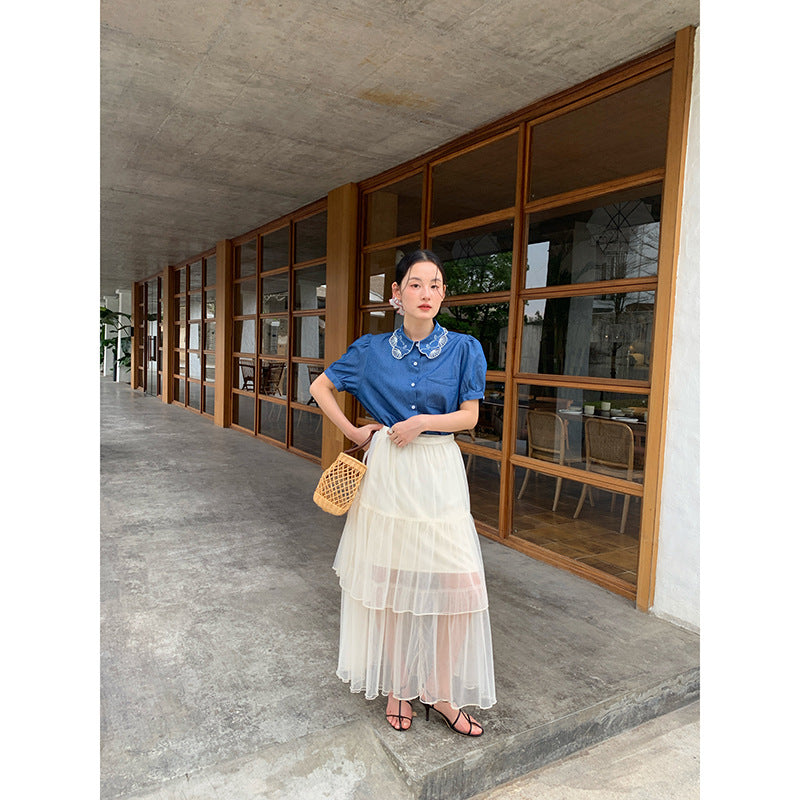 Lace Doll Collar Denim Shirt