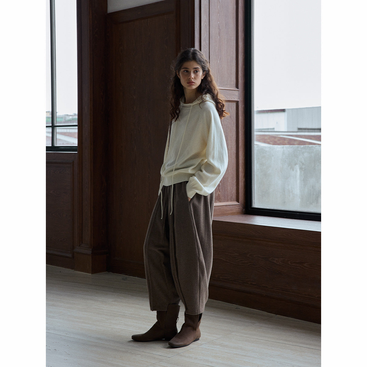 Wool Moisture Warm Rubber Band Contrast Color Elastic Waist Loose Skinny Balloon Casual Pants