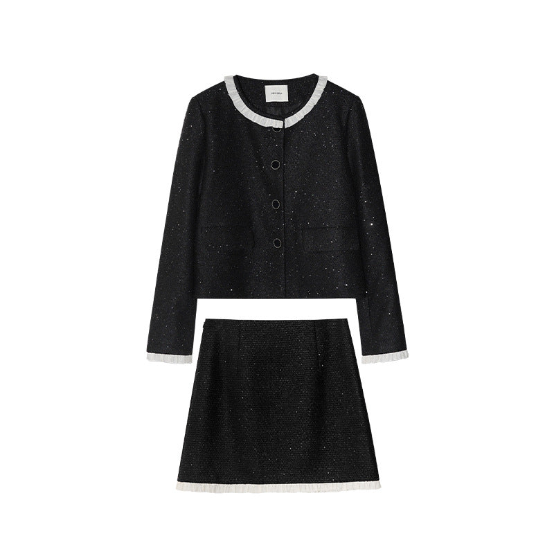Women's Chanel-Style Lace Spliced Jacket & Mini Skirt Two-Piece Set