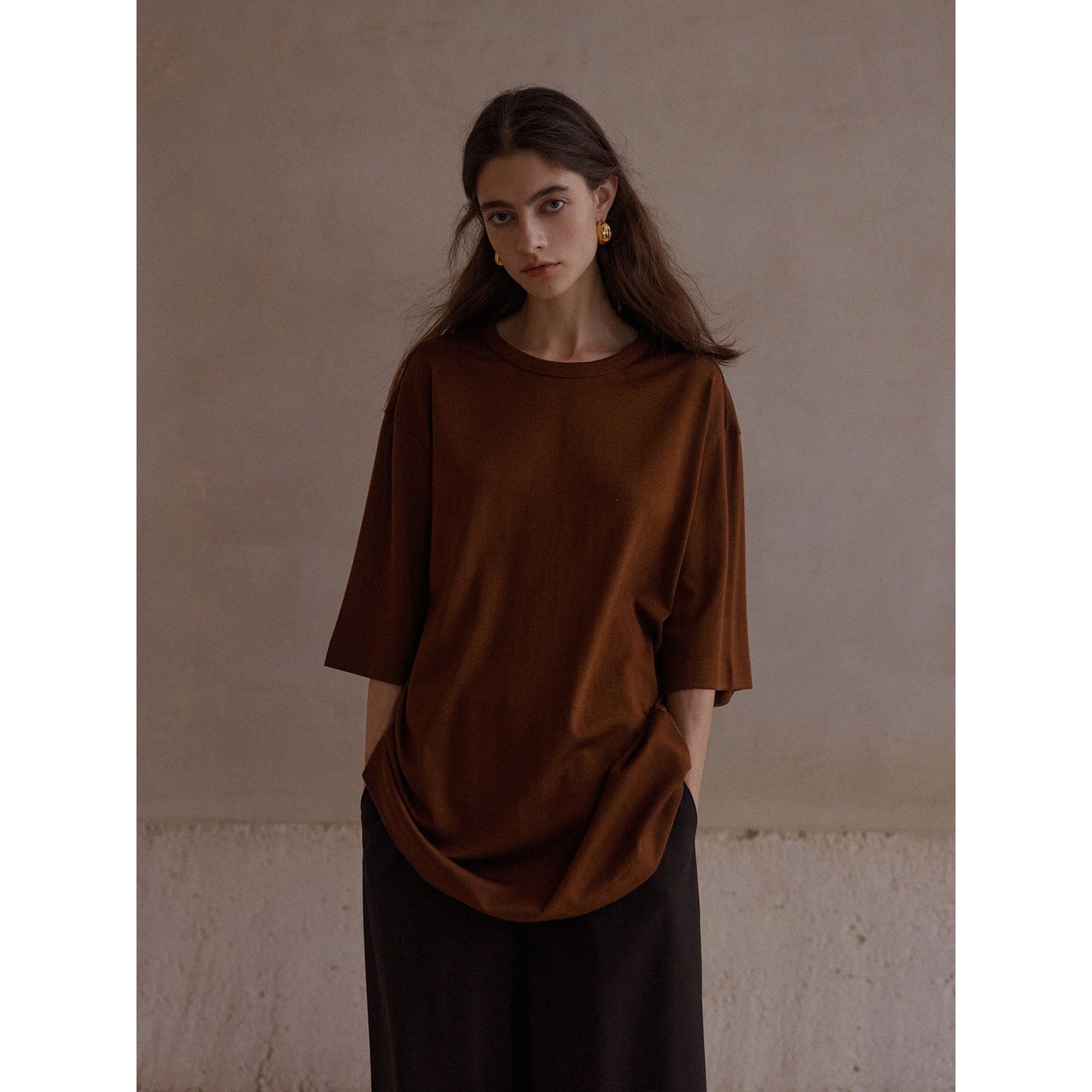 Autumn New Wool Blended Back Neck Split Strap Small Crew Neck Loose T-Shirt