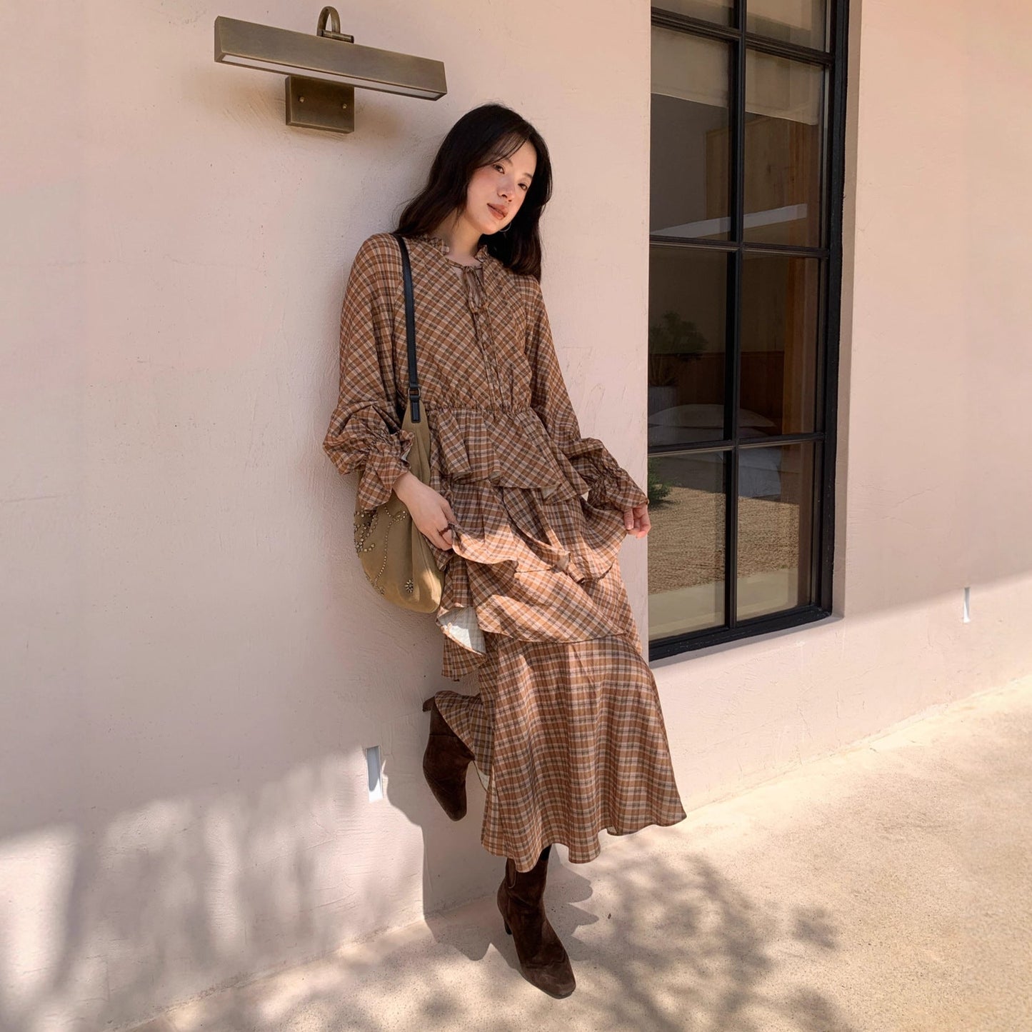 Plaid lace-up ruffle temperament dress