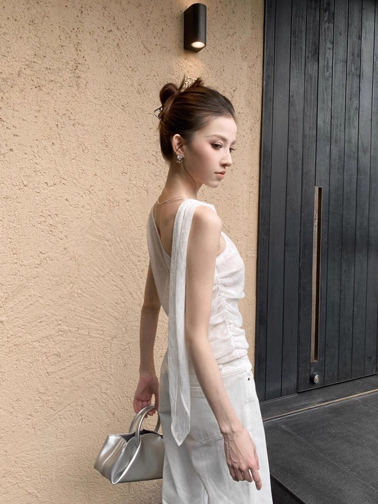 One-Shoulder Sleeveless Top Women Slim Fit Irregular Hem Vest