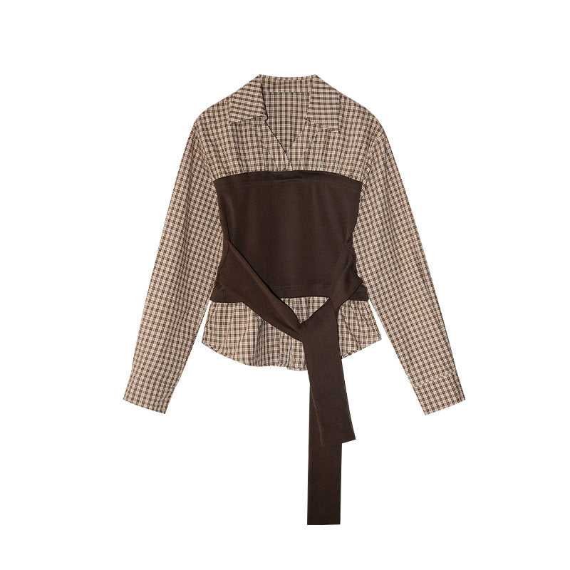 Fake two-piece contrasting splicing strap waist long-sleeved shirt