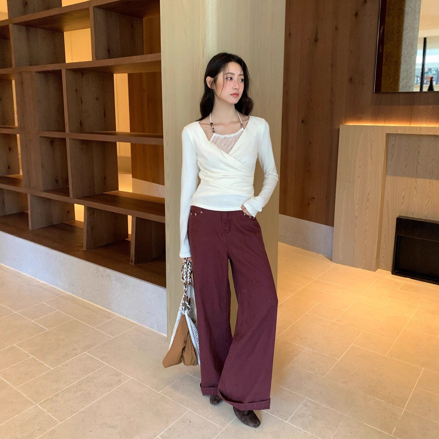 Casual simple floor mopping long loose wide-leg mid-rise jeans women
