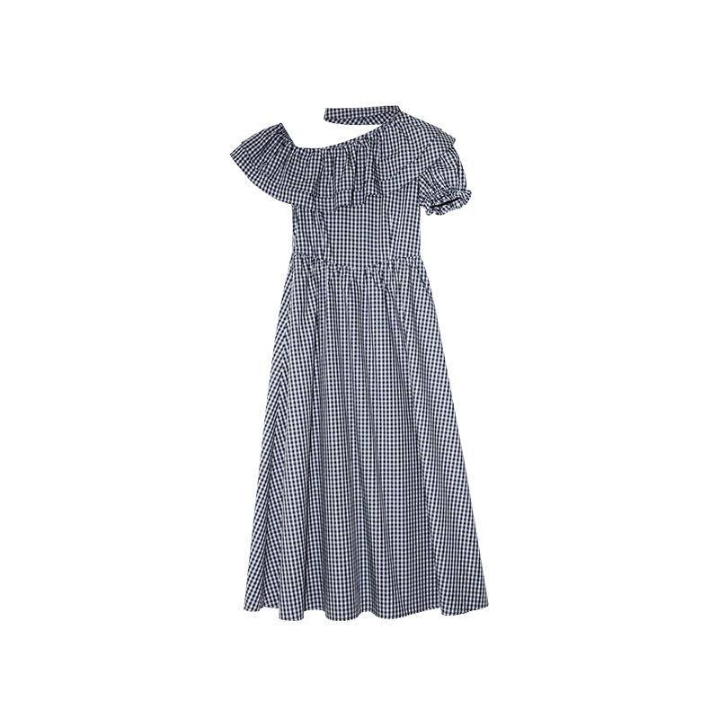 Temperament slanted shoulder ruffle edge neck plaid dress