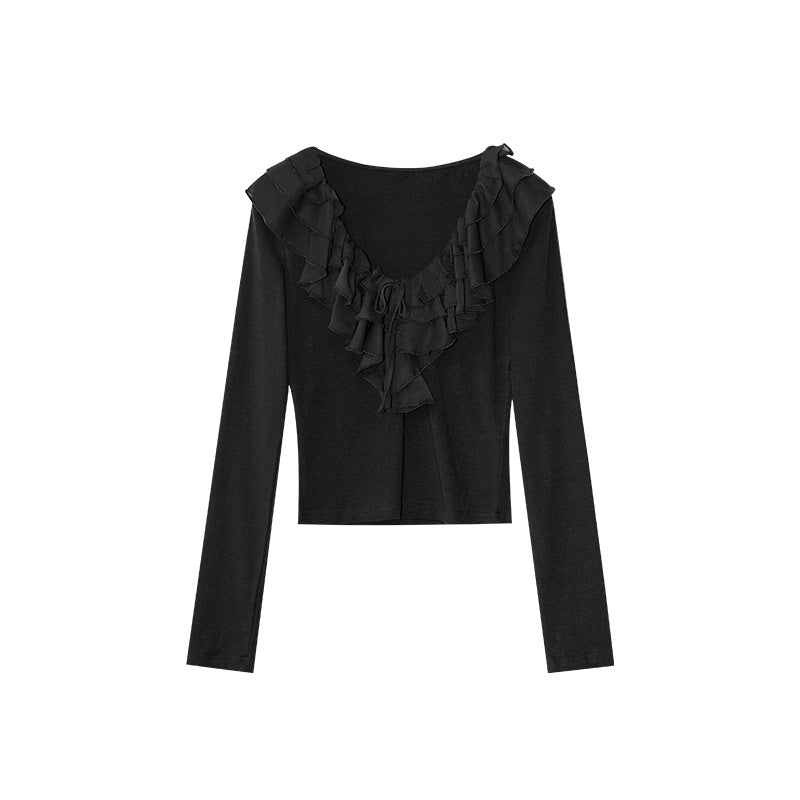 Sweet wind age-reducing ruffle edge slim-fitting long-sleeved bottoming shirt