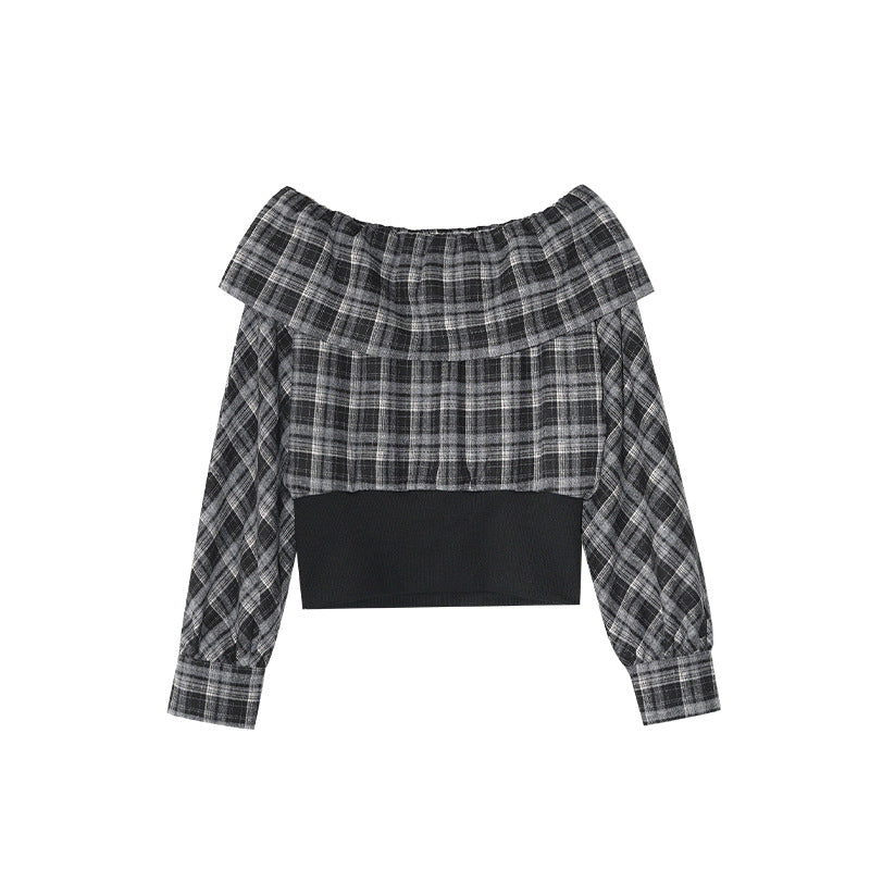 Threaded waist one-shoulder long-sleeved plaid shirt