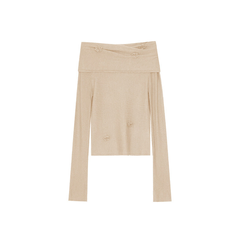 Skin-friendly one-word shoulder backless long-sleeved knitted sweater